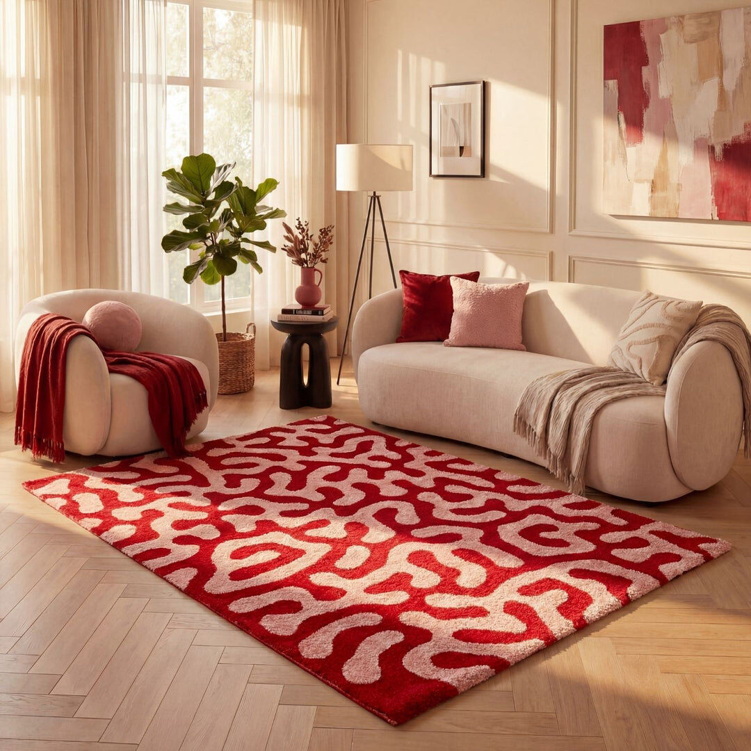 THE RUGS Joli Abstract Doodle Area Rug Soft Dense Pile for Living Rooms and Bedrooms Red/Pink Rectangle 120 x 170 cm