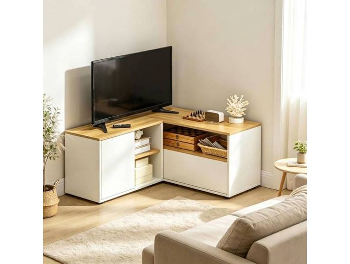 Norevia Meuble TV d'Angle Scandinave 90 cm en Bois et Blanc Banc TV pour Salon