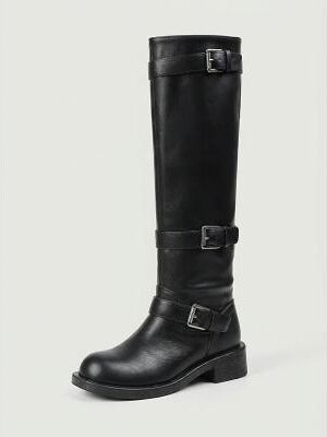 LightInthebox Women's Brown Faux Leather Wide Calf Biker Boots - Triple Buckle Strap Moto Knee High Riding Boots for Motorcycle Riding, Music Festivals Outdoor Casual Wear