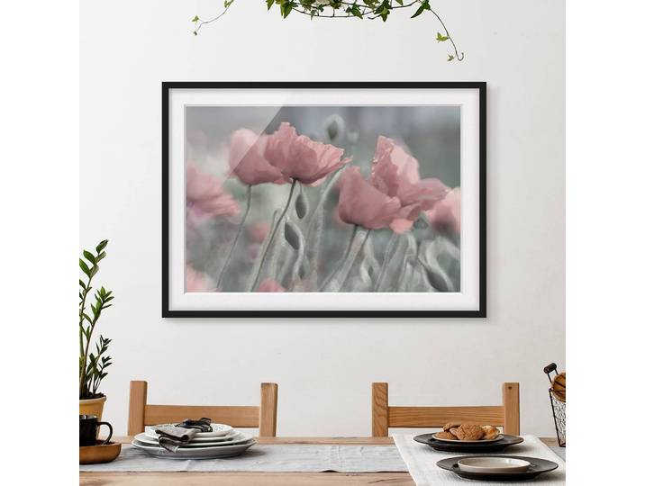 Bild Malerische Mohnblumen II Papier Rahmen: Echtholz, furniert: Kiefer Pink 100 x 70cm