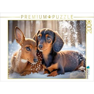 CALVENDO Puzzle Dackel und Rehkitz kuscheln im verschneiten Winterwald | 2000 Teile Lege-Größe 90 × 67 cm Foto-Puzzle für glückliche Stunden, von ,