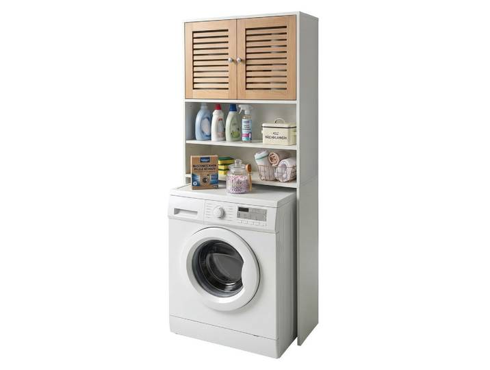 Relaxdays Waschmaschinenschrank Weiß Natur 2 Türen 185,5 cm, Holzwerkstoff, 65x185.5x24 cm, Waschküche, Waschmaschinenschrank