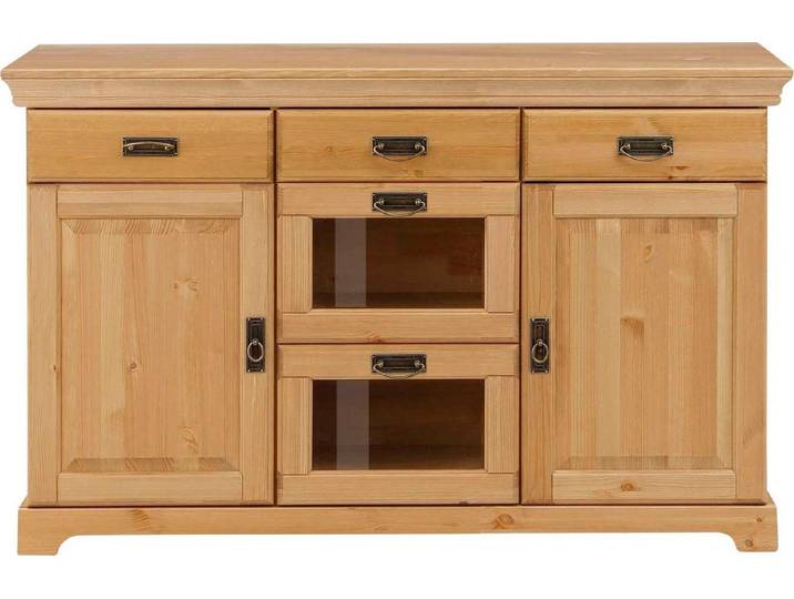 OTTO home Sideboard Rügen Kommode mit 2 Türen, 5 Schubläden mit Metallgriffen, Kommode aus massiver Kiefer, Schubladen mit Glaseinsatz, Metallgriffe