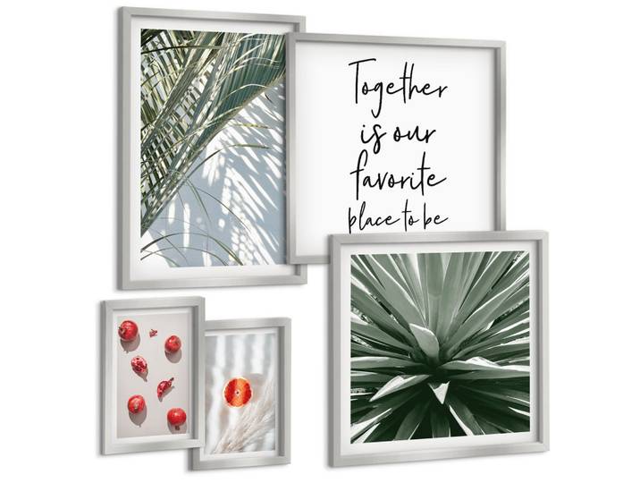 BILDER SET 5er Set - 50x50 cm & 20x30 cm & 40x60 cm Silberner Rahmen - Feiertags-Palmenfrucht-Inschrift