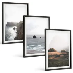BILDER SET 3er Set - 40x60 cm Schwarzer Rahmen - Landschaften aus Bergen und Meer