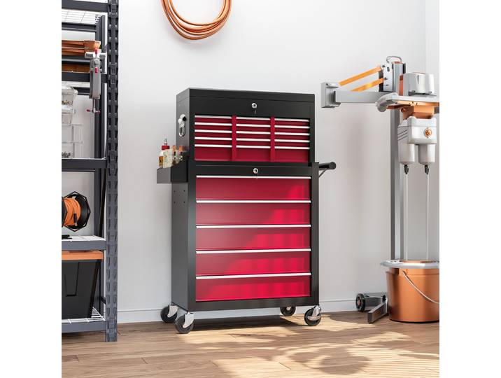 HOMCOM Chariot à outils, en deux parties, verrouillable, 14 tiroirs, paroi perforée, acier, Rouge