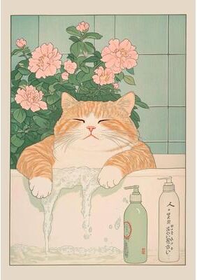 Inspire Select Japanese Tabby Cat Bathtub Canvas Wall Art Japandi Retro Aesthetic Bathroom Poster 6 19.7 27.6 In Unframed