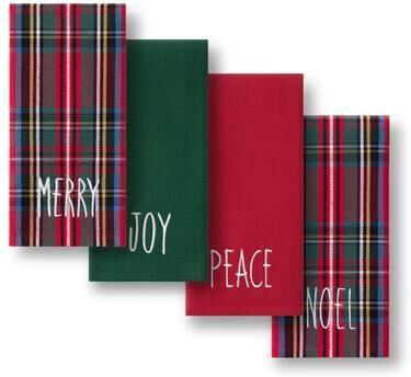 "Threadmade Stowe Tartan Holiday Sentiments Kitchen Towels, Set of 4, Multicolor - 17""W x 28""L - 17""W x 28""L"
