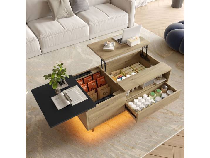 Table basse LED relevable - LEMONBEST - 103 5×50×27 5 cm - Plateau relevable - Rangement avec tiroir - Bois & noir