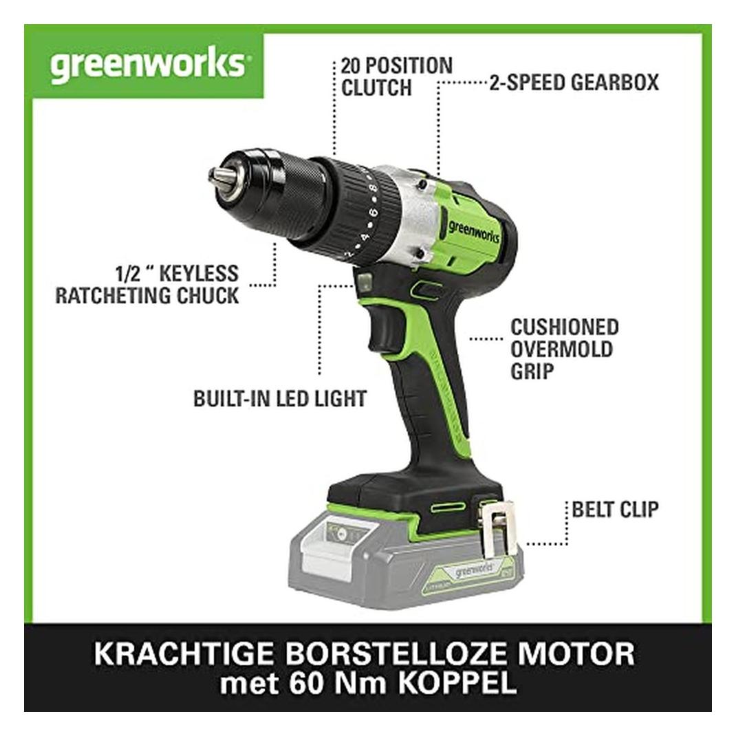 Greenworks 24V Borstelloze Klopboormachine 60Nm Kit Inclusief 1X2Ah Accu 2A Lader & Tas (Bohrschrauber) (3704107UAM)