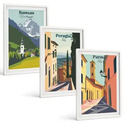 BILDER SET 3er Set - 40x60 cm Weißer Rahmen - Berglandschaften und Italien