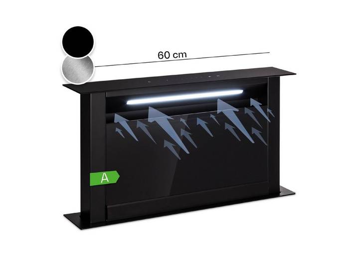 Klarstein Deckenhaube Royal Flush Serie Royal Flush Eco Downdraft Dunstabzugshaube 60 cm 576 m³/h A++ Abzugshaube Downdraft Abluft Umluft versenkbar mit Edelstahl