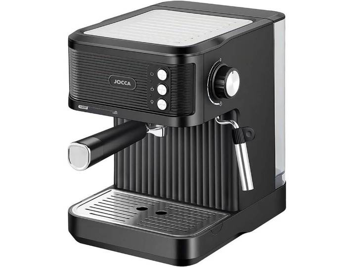 Jocca Espressomaschine Espressomaschine Schwarz 850W, 20 Bar, 1,8L Tank, Milchaufschäumer, Edelstahlgehäuse, Edles Design, Alluminiumfilter, Tassenwärmer