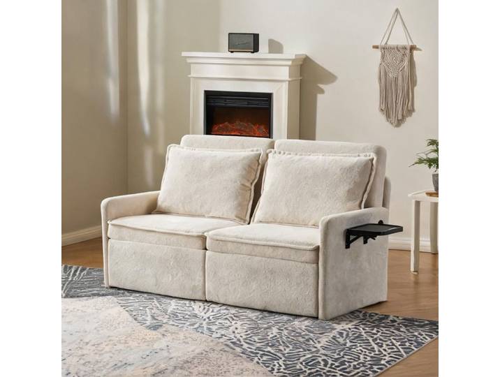 Canapé convertible 3 places en chenille soft beige dossier réglable 5 positions USB et rangement