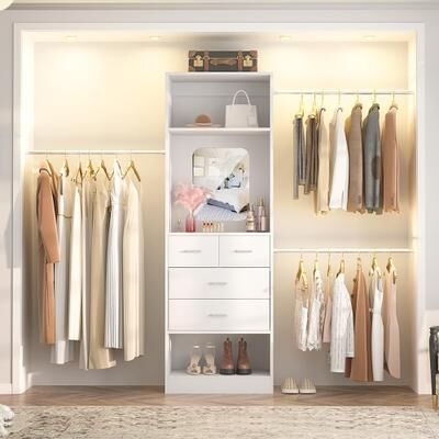 Rackcog "25'' - 96"" W Closet System with 4 Wooden Drawers and Mirror, Walk-in Closet Organizer Kits with 3 Extendable Hanging Rods"