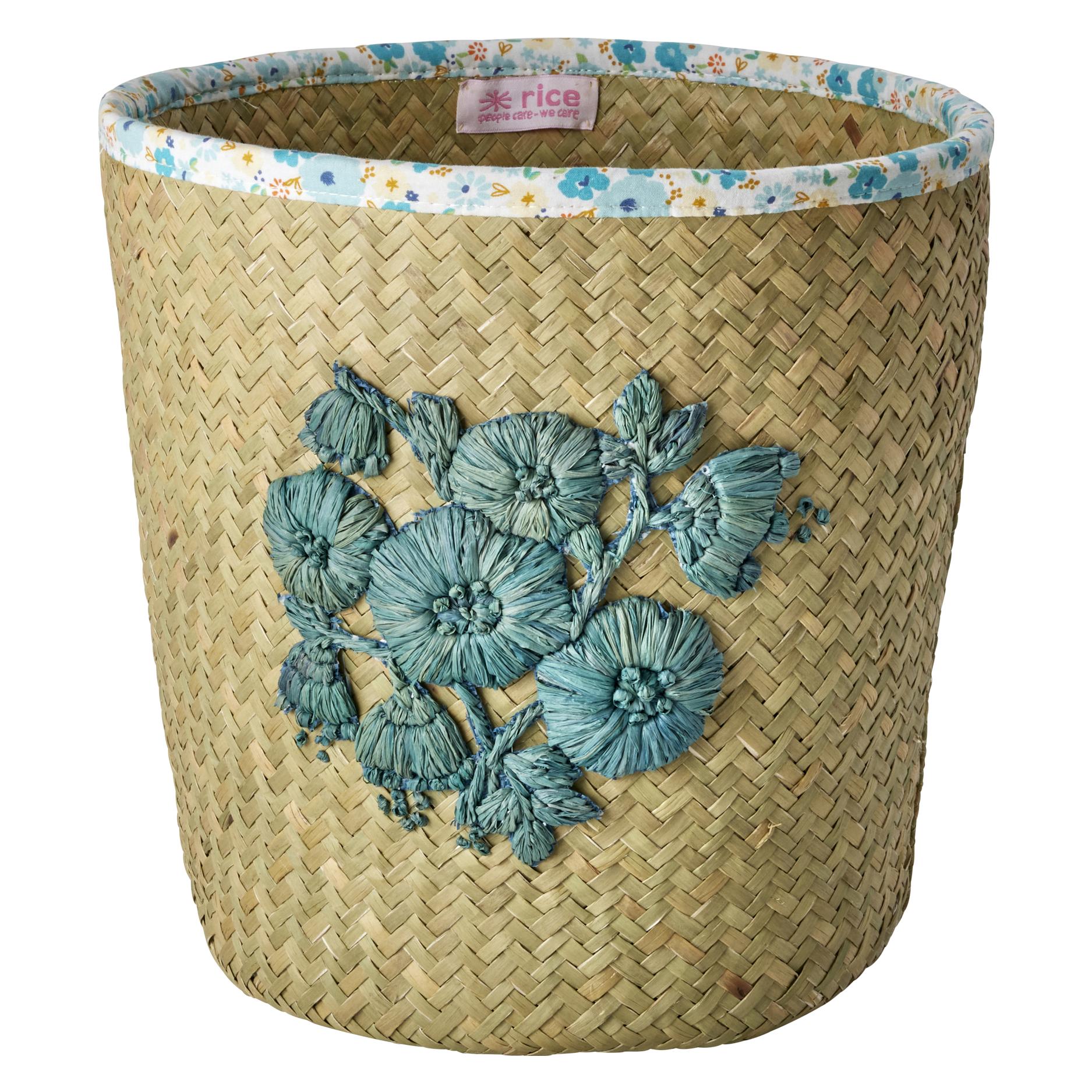 Rice Raffia Basket with Blue Flower Embroidery and Flower Fabric Edge - Blue (BGBEA-SFLOB)