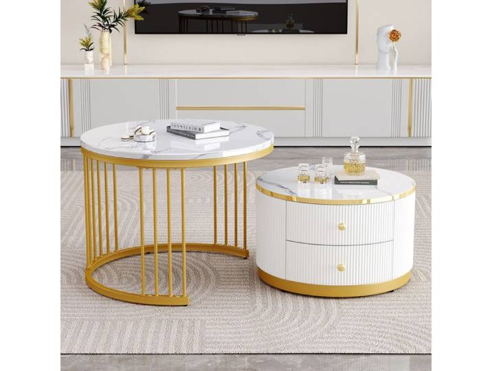 Table basse gigogne – Lot de 2 – Ronde – Blanc – Aspect marbre brillant – 2 tiroirs – MDF