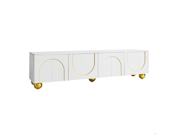 Meuble TV bas 170 cm – Blanc et dore – 4 portes – Panneaux de particules