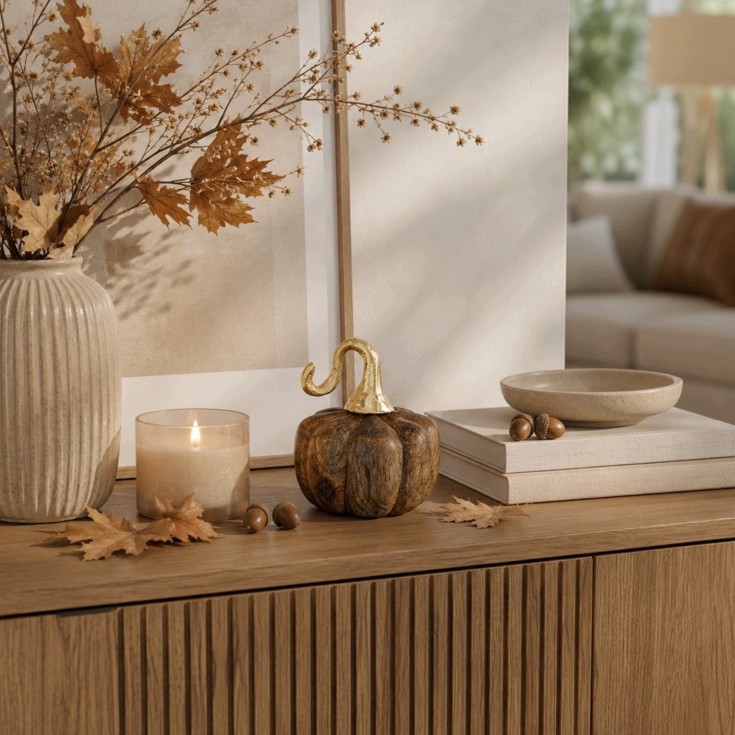 Merkloze Houten Pompoen Decoratie - Bruin/Goud, Hoogte: 11 cm