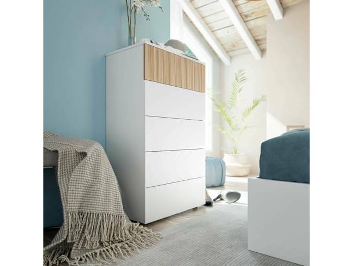 Dmora - Schubladenschrank Wynne, Kommode mit 5 Schubladen, Kommode für Schlafzimmer, Moderne Kommode, 61x40x109 cm, Weiß und Eiche