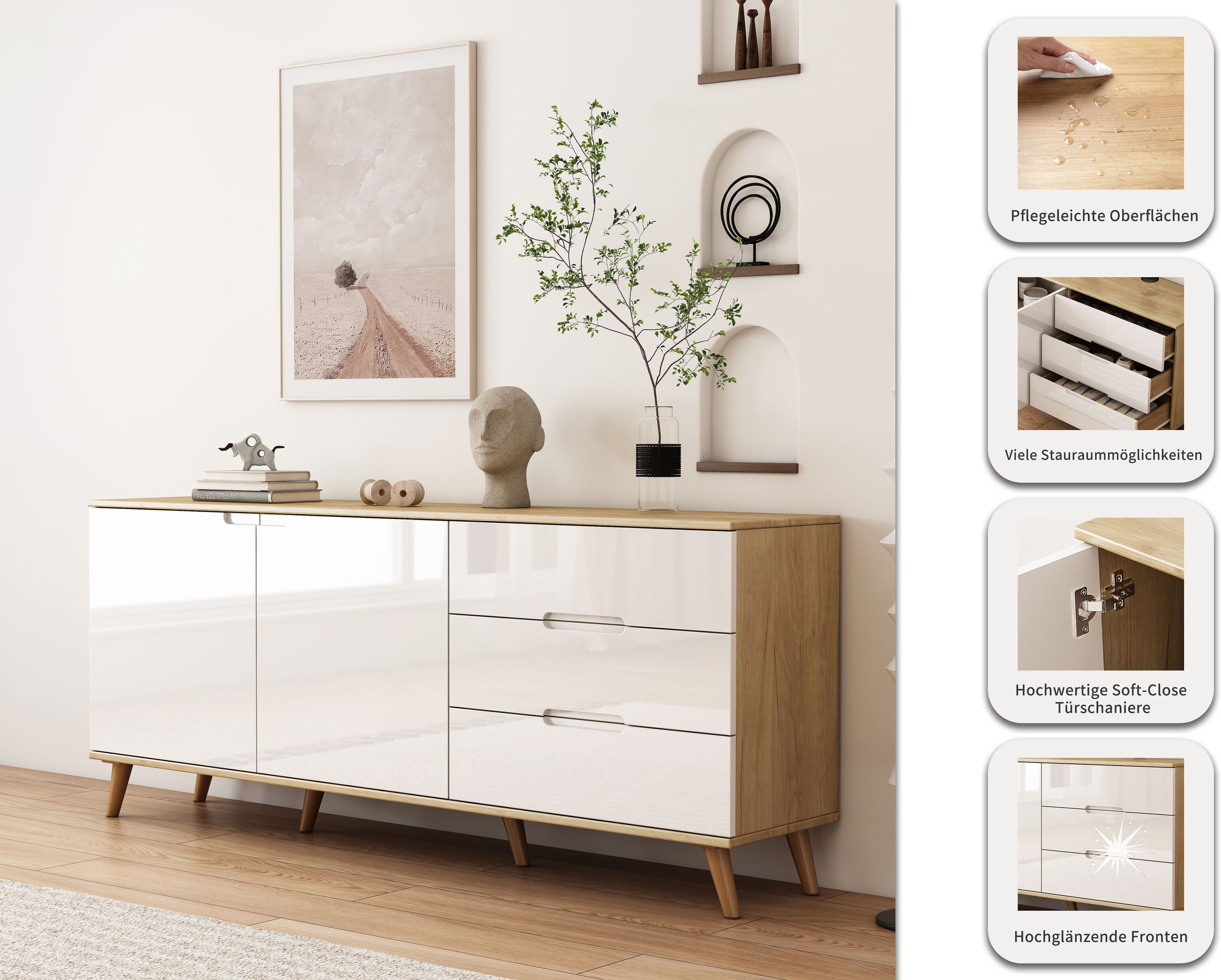 Sideboard OTTO HOME "Lund", weiß, B:180cm H:75cm T:40cm, Sideboards, Sideboard, mit glänzenden Fronten, Griffmulden, helles Holzdekor, Breite 180 cm