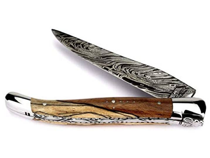 Laguiole en Aubrac Messer 12 cm - Griff Aubrac Buchenholz - Zisellierte Platine - Damast Taschenmesser