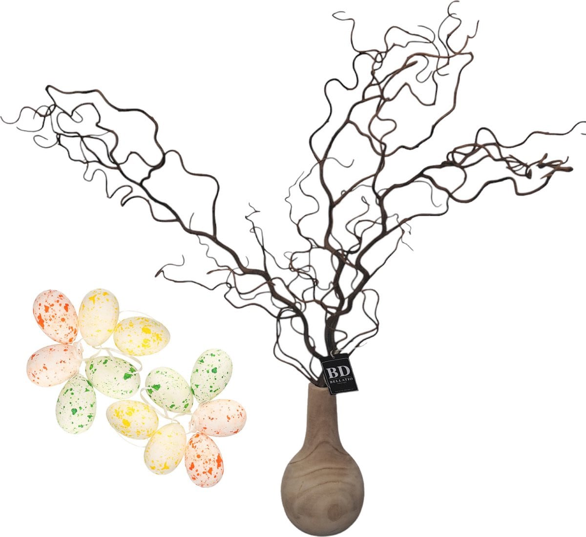 Bellatio Design Kunstpaastak Kronkelhazelaar met paaseieren spetters - 87 cm