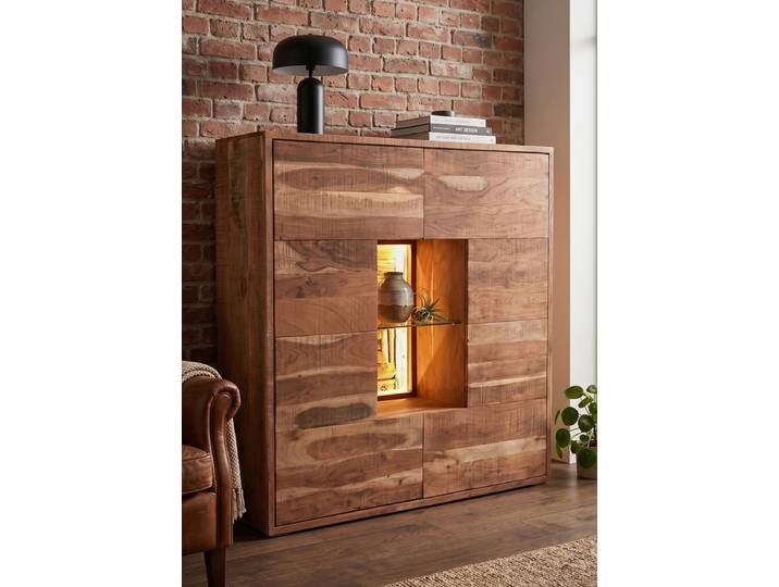 Highboard inkl. Beleuchtung 140x140cm 'Livorno'' Akazie massiv sägerau