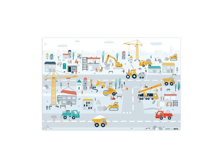 OnlyWow Kinderteppich - Baustelle - Traktor - Bagger - Auto - Design - 135x90 cm, Hellblau, Kunststoff, Rechteckig, 135x0.3 cm, rutschfest, Teppiche & Böden, Teppich, Kinderteppich