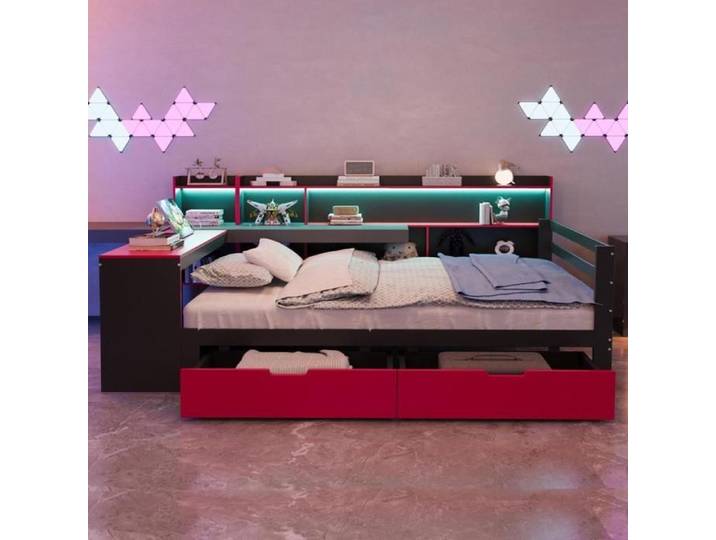 Canapé-lit - KOMHTOM - 140x200 cm - Bois - LED intégrée - Bureau & rangements