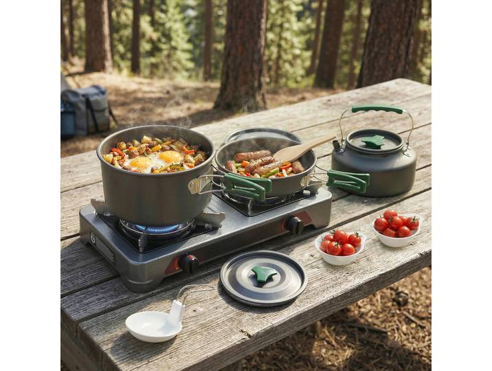 Outsunny Kit Casseroles Camping 11pcs Aluminium Ø19x10cm Gris