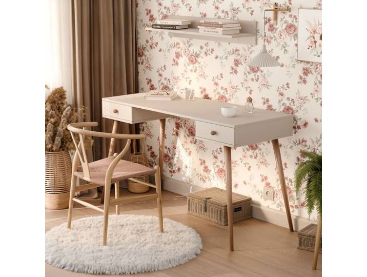 Bureau Droit VALERIO - avec 2 tiroirs - 135x55x79 cm - Coiffeuse - Cachemire