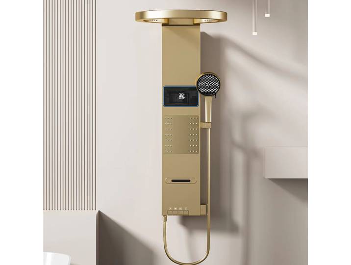 Ensemble de douche mural en nickel doré avec pomme de douche cascade et éclairage LED numérique pour salle de bain
