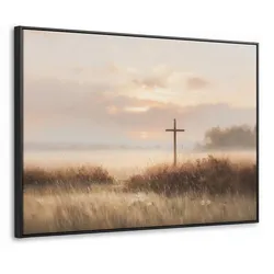 LEINWAND Bilder mit Rahmen - Gras - Morgennebel - Kreuz - Christentum - 100x70