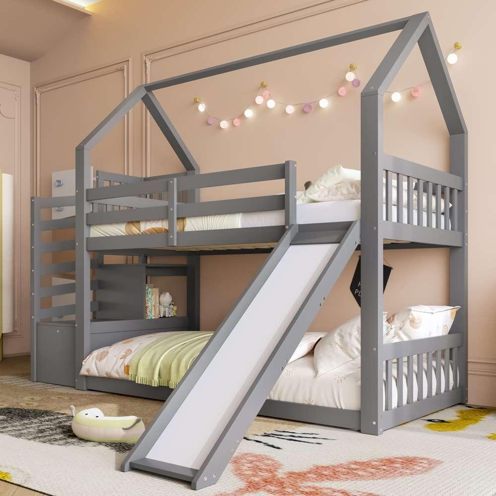 Hausbett für Kinder mit Rutsche und Stauraumtreppe, inkl. Geländer, ideal für Kinder und Jugendliche, platzsparendes Design, Grau, 90x200cm