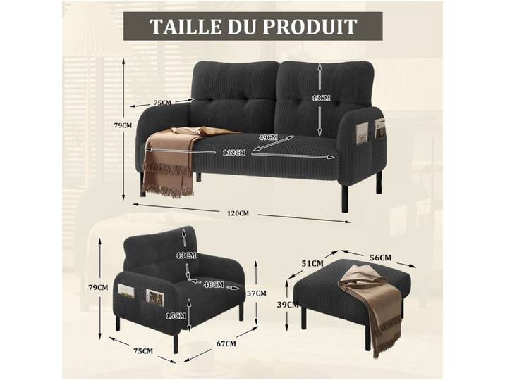 WOVREO Ensemble canapé 3 pièces gris en velours côtelé avec canapé 2 places fauteuil repose-pieds et poches latérales