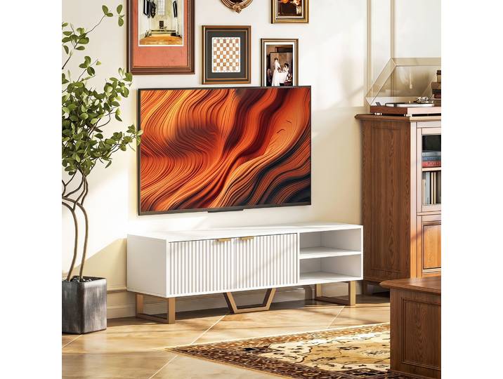 HOMCOM Meuble TV 70 Bois 2 Portes Cannelées Compartiment Ouvet