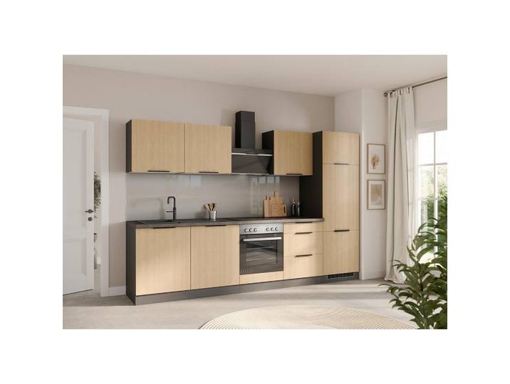 Held Küchenleerblock, Graphitfarben, Eichefarben, Holzwerkstoff, 3 Schublade(n) Schubladen, seitenverkehrt montierbar, nur wie online abgebildet bestellbar, 300 cm, Made in Germany, links aufbaubar, rechts aufbaubar, höhenverstellbare Füsse, Küchen, Küchenblöcke, Küchenzeilen, Küchenzeilen ohne Geräte