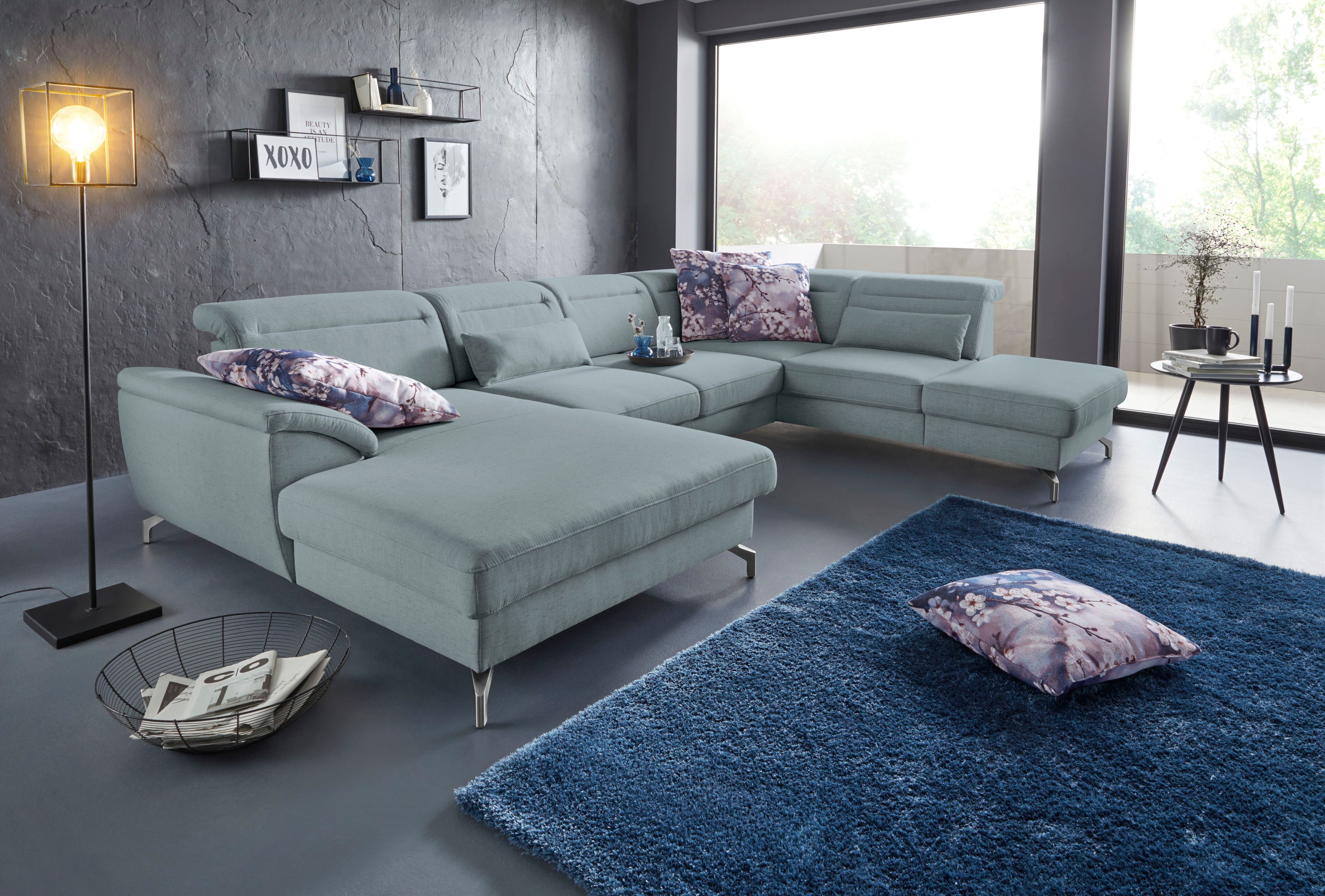 Wohnlandschaft SIT & MORE "Percy U-Form", blau (aqua), B:343cm T:235cm, Sofas, Wohnlandschaft, 12 cm Fusshöhe, Sitztiefenverstellung, wahlweise in 2 Fussfarben aqua B/H/T: 343cm x 235cm, Feinstruktur, Recamiere links,mit Kopfteilverstellung,mit satinierte