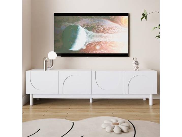 FammyLoft 169cm TV Lowboard mit 4 Gewölbten Wellenförmigen Türen, TV Schrank mit Regalen und Stabilisierenden Beinen, Fernseher Schrank für Wohnzimmer, TV-Tisch, TV-Ständer, Weiß