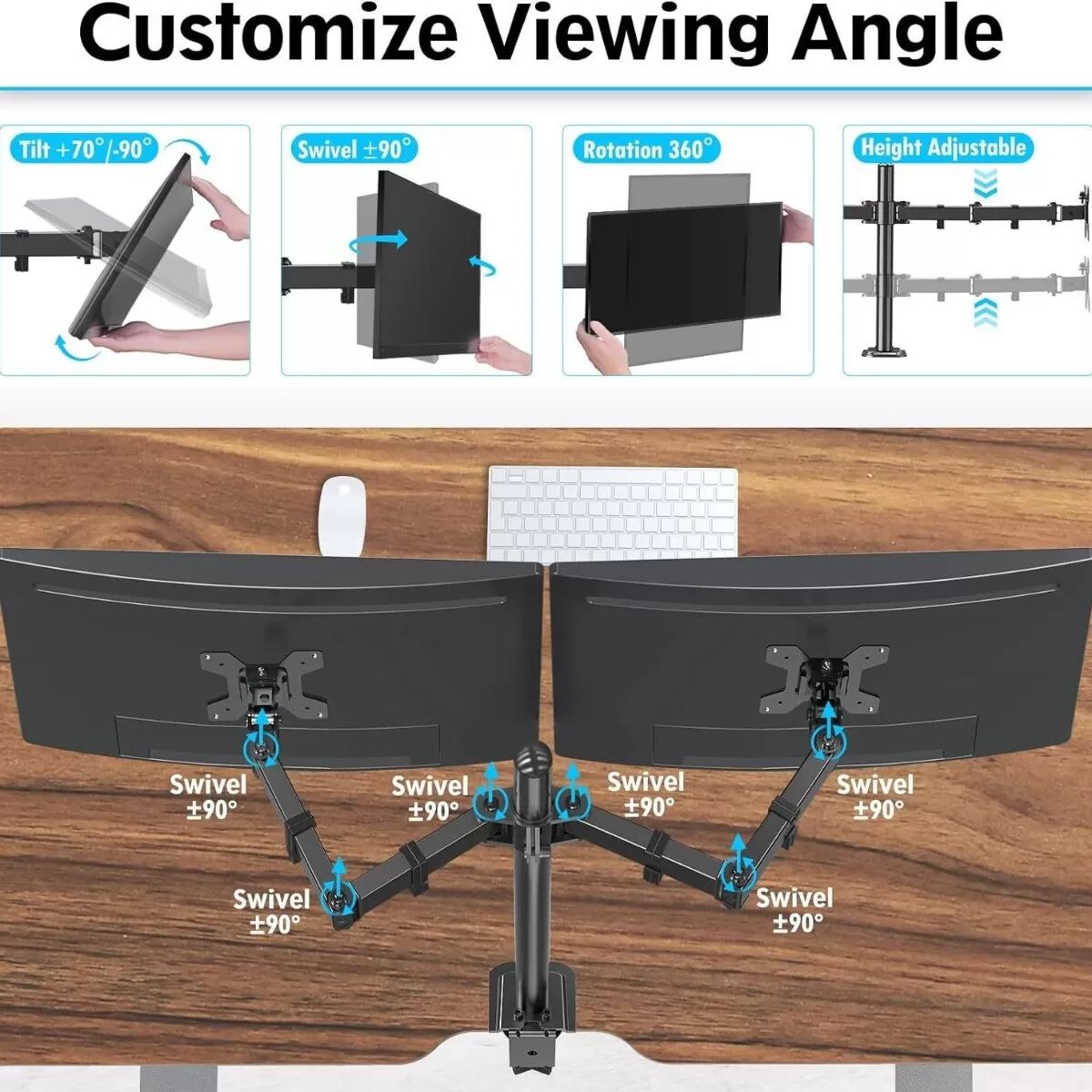 INF Support de bureau double moniteur - Bras articulé noir en fer avec fixation par pince, gain de place et réglable
