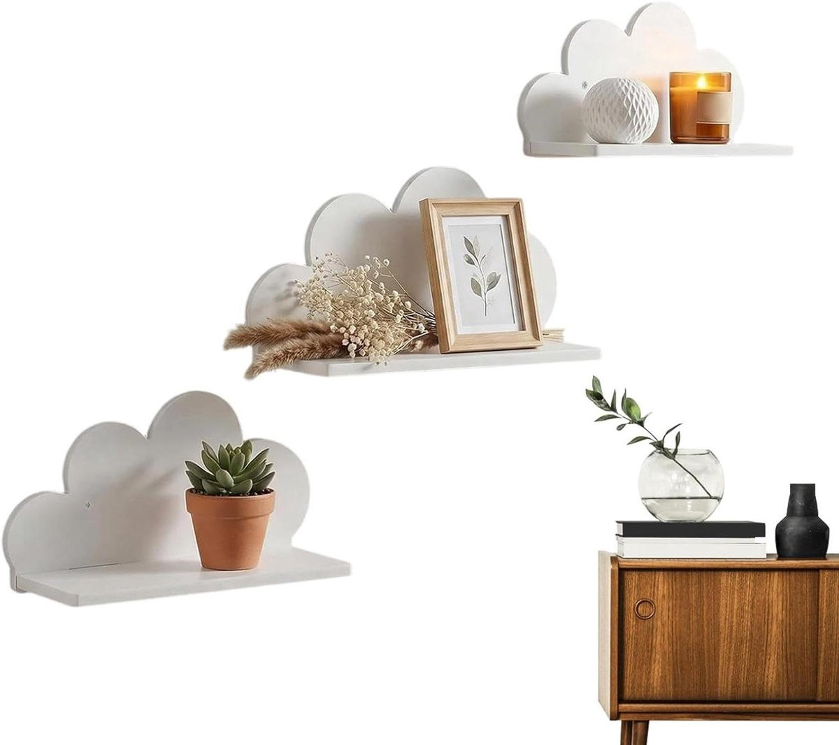 Set van 3 Wolken Vorm Zwevende Wandplanken - Wit