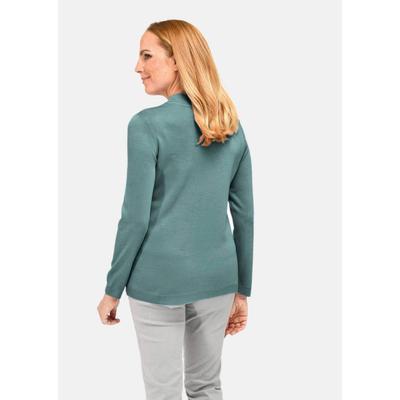 Rundhalspullover GOLDNER "Eleganter Ajourpullover mit Stehbund", Damen, Gr. 42, grün (graugrün), Obermaterial: 100% Polyacryl PAN., eng, Pullover Rundhalspullover, aufwendiger Ajourstrick in Zopfoptik