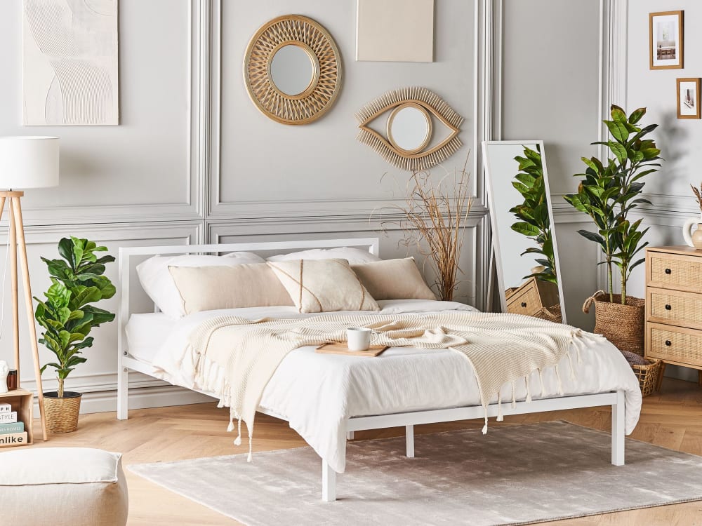 Beliani Lit double en métal blanc 140x200 Blanc 209x86x142cm