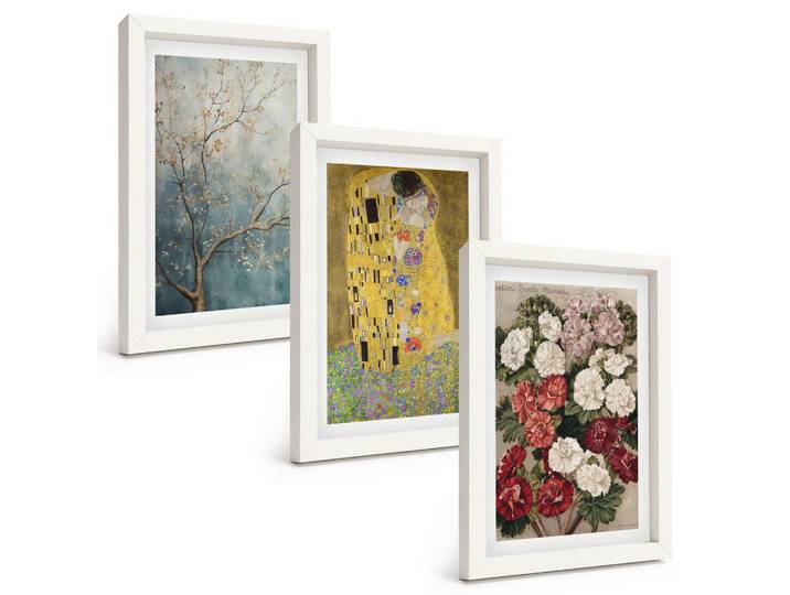 Tulup Bilder SET 3er Set - 20x30 cm Weißer Rahmen - Blumen des Baumes (Gemälde von Klimt), Kunststoff, Rechteckig, 20x30 cm, einfache und schnelle Anbringung, Bilder & Rahmen, Bilder