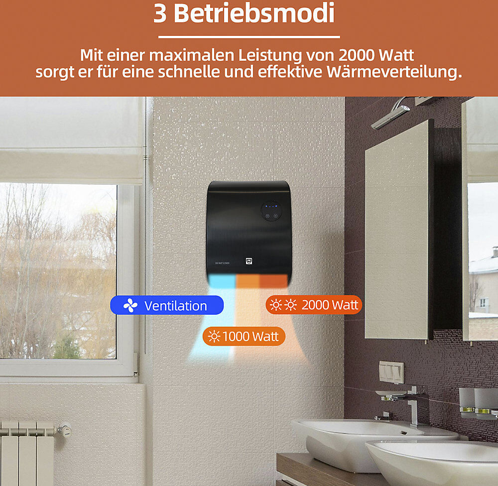 kaiserkraft Badezimmer-Heizlüfter, 2000 W, LxBxH 144 x 253 x 347 mm CH