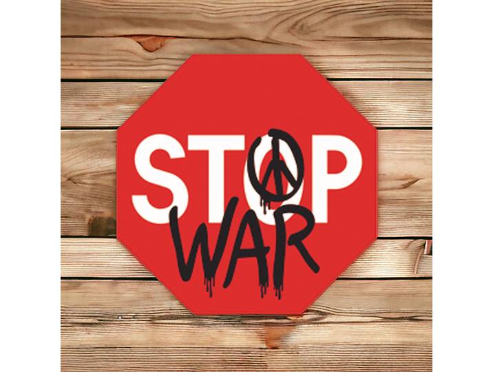 Plaque publicitaire de style signalisation avec l'inscription Stop War