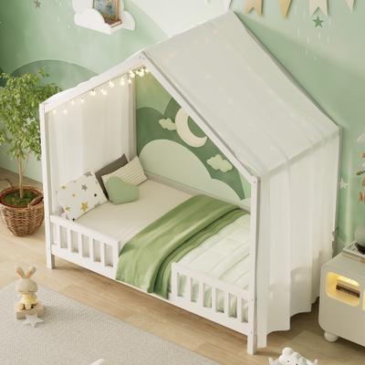 GREATPLANINC Wood House Bed Kids Canopy Bed Montessori Bed with Railings