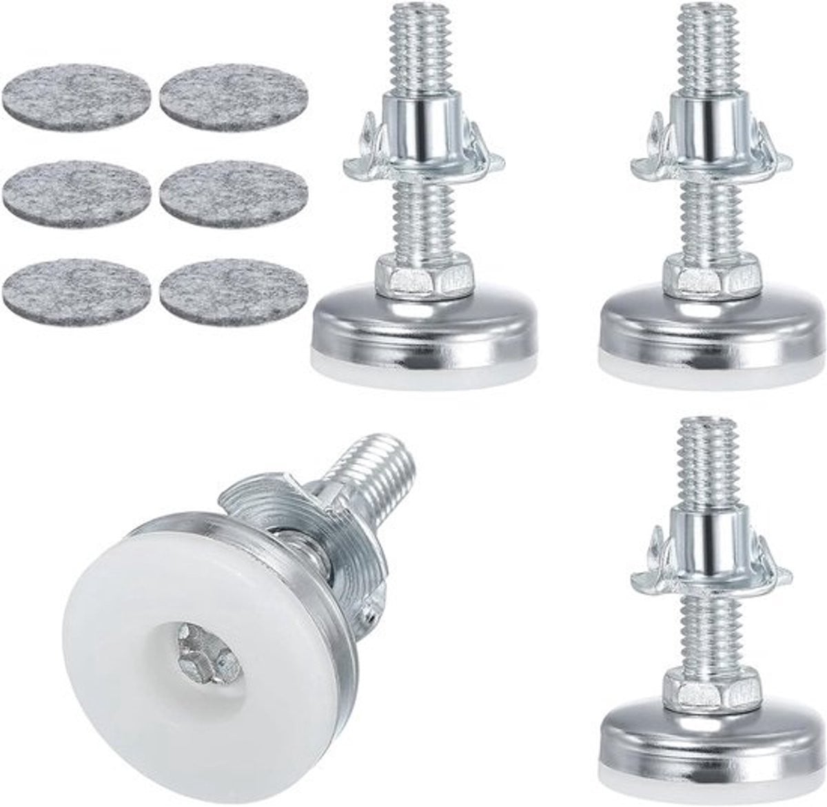 Verstelbare meubelpoten met zelfklevende viltglijders, 4 stuks, M8 x 38 mm, zilver-wit