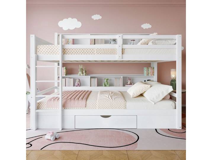 Lit superposé 90x200cm - lits enfants avec tiroirs-avec compartiments de rangement - blanc